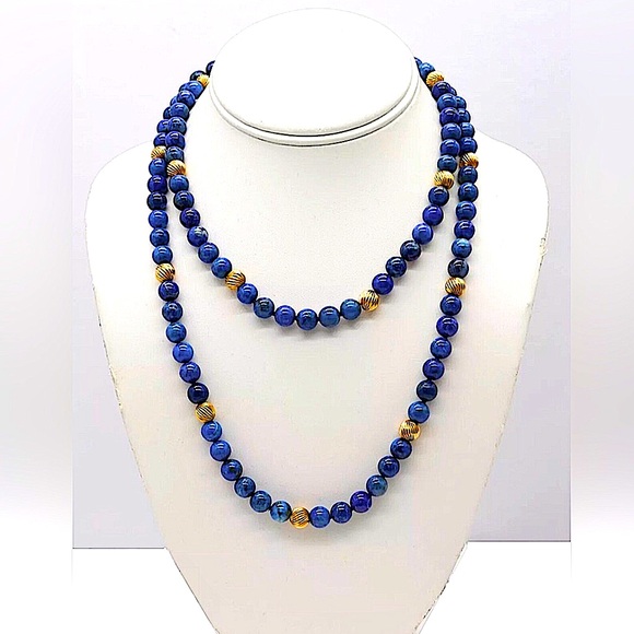 VINTAGE Lapis Lazuli 14k Gold Sculpted Beads & Clasp Hand Knotted Necklace - Picture 7 of 17